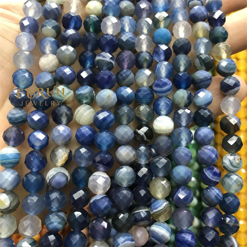 Natural blue stripe agate Faceted Round Beads 6MM 8MM Gemstone  Loose Beads for Jewelry making Beads Supplier