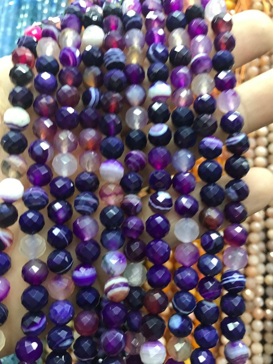 Natural purple stripe agate Faceted Round Gemstone Beads 6MM 8MM  Loose Beads for Jewelry making Beads Supplier