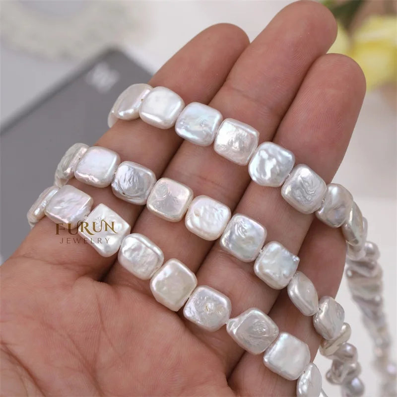 Natural Freshwater Cultured Pearls White Flat Square Cushion Beads 8mm to 10mm Baroque Pearls high quality strong light pearls