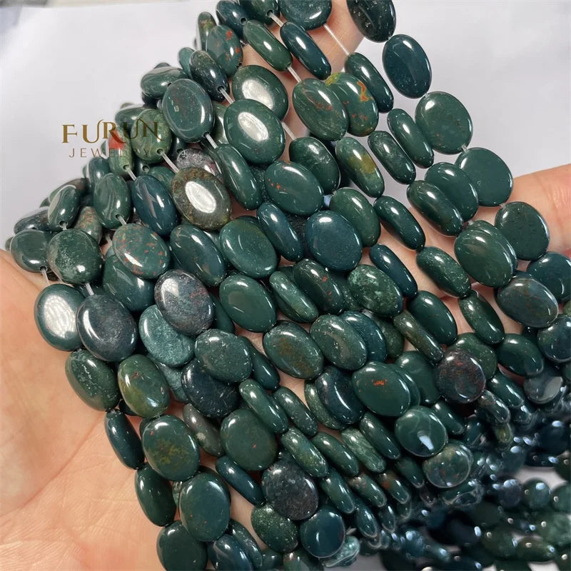 10x14mm Smooth Flat Oval beads Green Indian Bloodstone String Beads Healing Gemstone String Beads for Jewelry Making