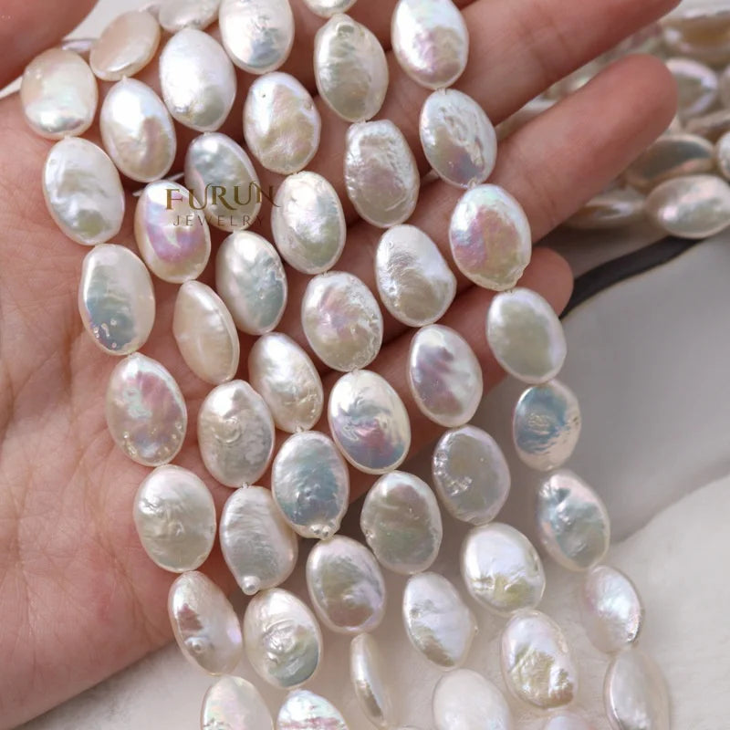 Freshwater Pearl White Flat Oval Bead 9X14MM Baroque Strong Luster Drilled Oblong Shape  Pearls Loose Beads  for Jewelry Making