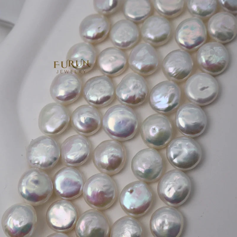 White Freshwater Baroque Pearl 12MM to 14MM Flat Coin Round Disc Button Drop Beads Drilled dazzling luster Special pearl