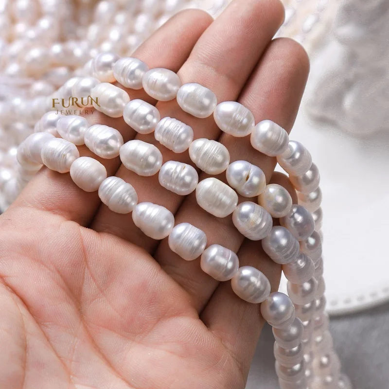 8mm Screw Thread Oval Beads Textured Rice Bead White Freshwater Pearl Strand Beads for jewelry making