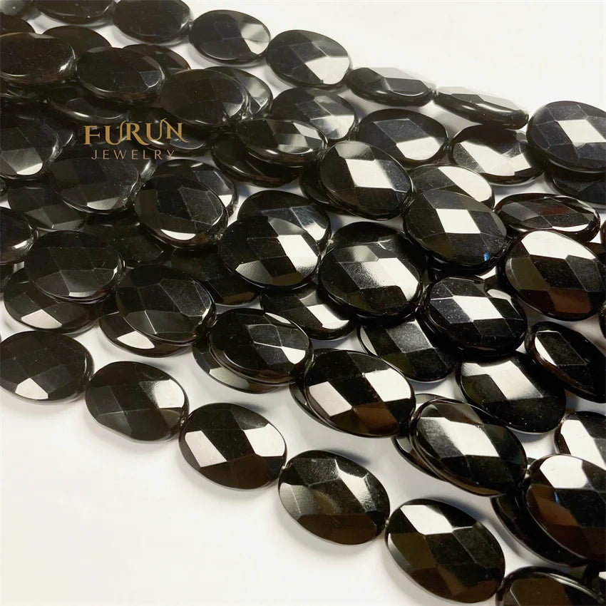 Stock wholesale 18x25mm Black Onyx Faceted Oval Beads Black Obsidian Ellipse Shape Natural Black Gemstone Loose Beads supplier