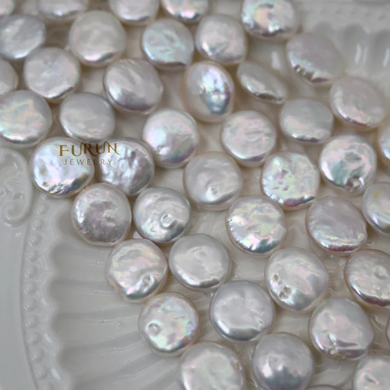 Natural Freshwater Cultured Pearls White Flat Round Coin Beads 12MM Baroque Pearls high quality strong light pearls Necklace