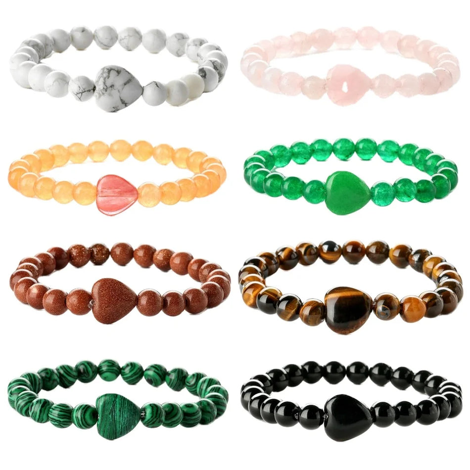 Heart Bead Bracelet Natural Gem Semi Precious Reiki Healing Crystals Handmade 8mm Round Beads Stretch Bracelet Gifts