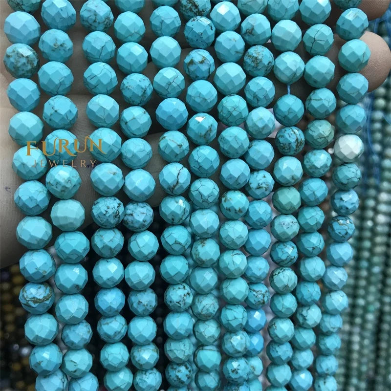 Natural blue turquoise Faceted Round Gemstone Beads 6MM 8MM  Loose Beads for Jewelry making Beads Supplier