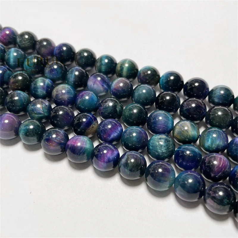 Genuine Natural Galaxy Tiger Eye Smooth Round Beads Blue Purple Multi Colorful Rainbow Tiger Eye Healing  Gemstone Loose  Beads