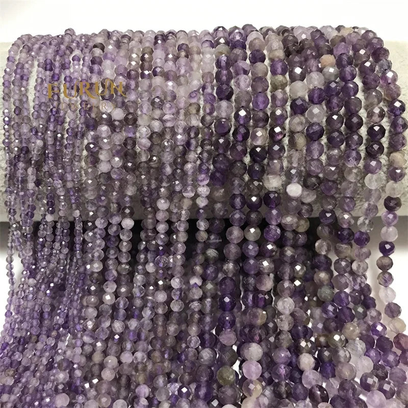 Natural Stone Tiny Beads 2mm 3mm 4mm Amethyst AB Grade Small Faceted Ball Drilled Round Beads Semi Gemstone Spacer String Beads