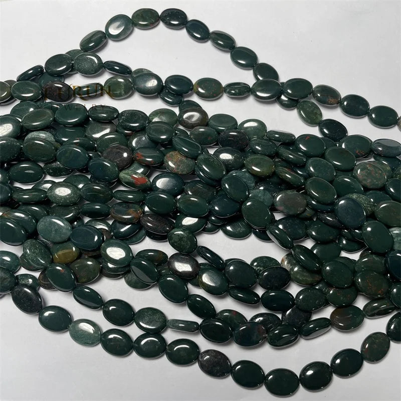 10x14mm Smooth Flat Oval beads Green Indian Bloodstone String Beads Healing Gemstone String Beads for Jewelry Making