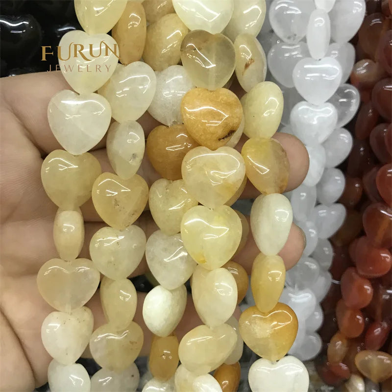 20mm 25mm Heart Shape Natural Stone Beads Picture Agate Yellow Jade For Jewelry Making