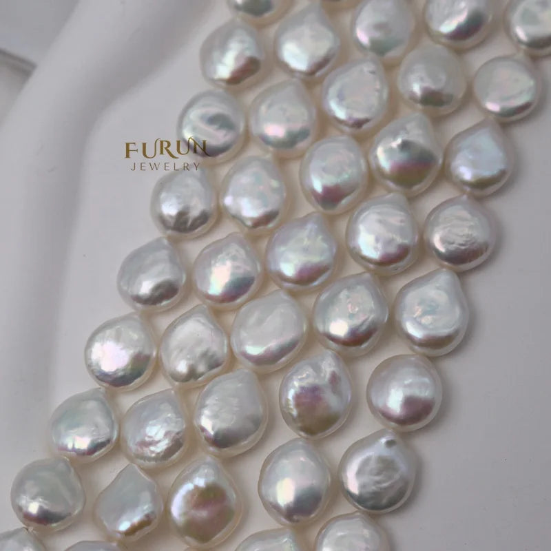 White Freshwater Baroque Pearl 12MM to 14MM Flat Coin Round Disc Button Drop Beads Drilled dazzling luster Special pearl