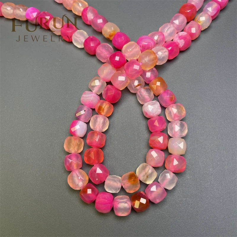 wholesale pink Agate Faceted Square Cube Bead 6mm 8mm 10mm Gemstone Cutting Face Polyhedron Box Beads for Jewelry Design Beads