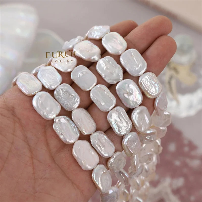 12x18MM Flat Oblong Bead white Freshwater Baroque Pearl rounded corner rectangle Drilled Pearls Loose Beads with Strong Luster