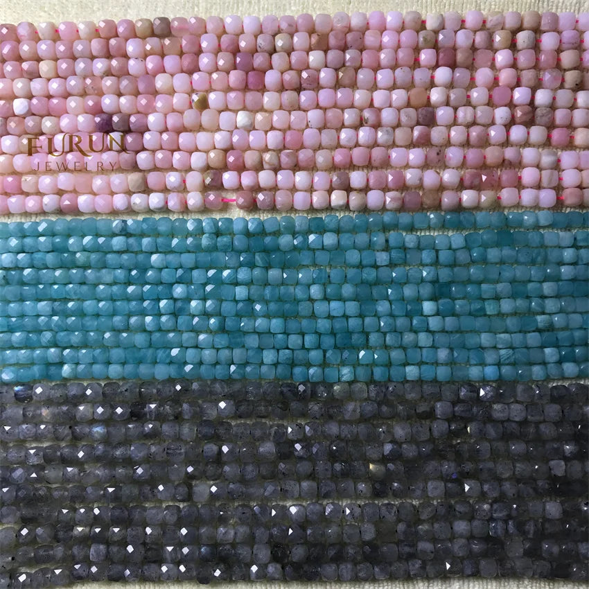 Natural Gemstone 4mm Faceted Cube Beads Pink Opal Amazonite Labradorite Sunstone Square Stone Bead Cutitng Box Loose Beads