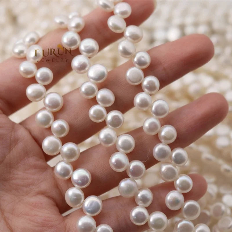 8-9mm Round Bread Pearl Bead with flat back white Natural Freshwater Pearl String Beads top side drilled for jewelry making