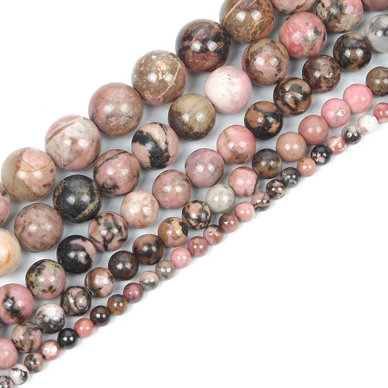 Natural Stone Black Line Rhodochrosite  Round Loose Beads For Jewelry Making Needlework Bracelet DIY Strand 4-12 MM