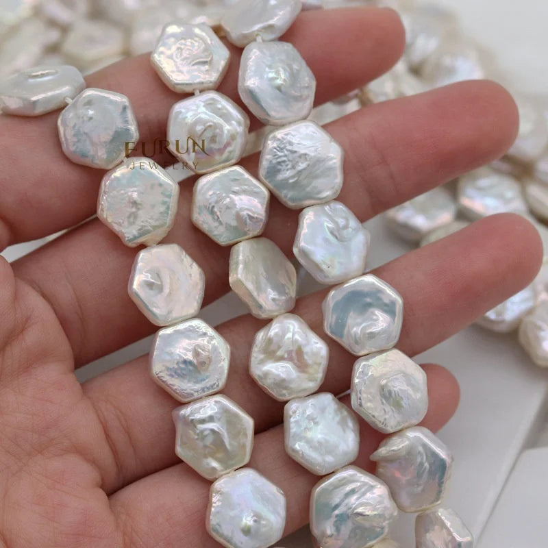 12-13MM Flat Hexagon Bead White Freshwater Baroque Pearl Drilled Hexagonal strong luster Loose Beads for Jewelry DIY making