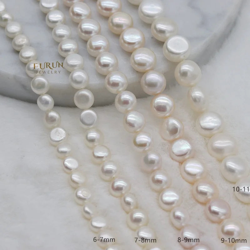 6-10mm Round Bread Pearl Bead Good luster White Freshwater Pearl flat round Strand Beads side drilled for jewelry making