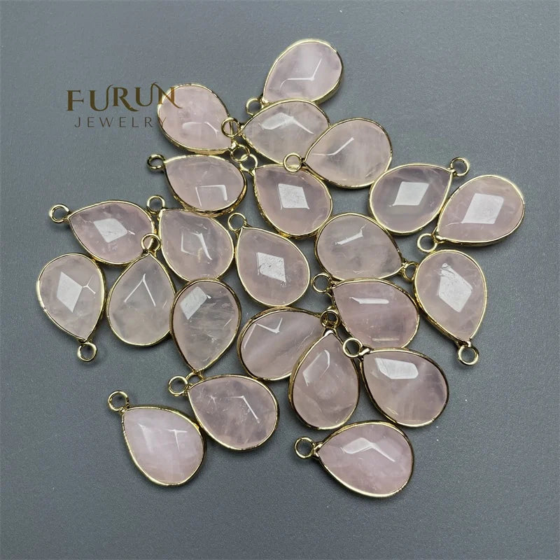 Natural Pink Rose Quartz Faceted Flat Drop Pendant Waterdrop Chakra Healing semi Gemstone Necklace Bracelet Jewelry Craft Making