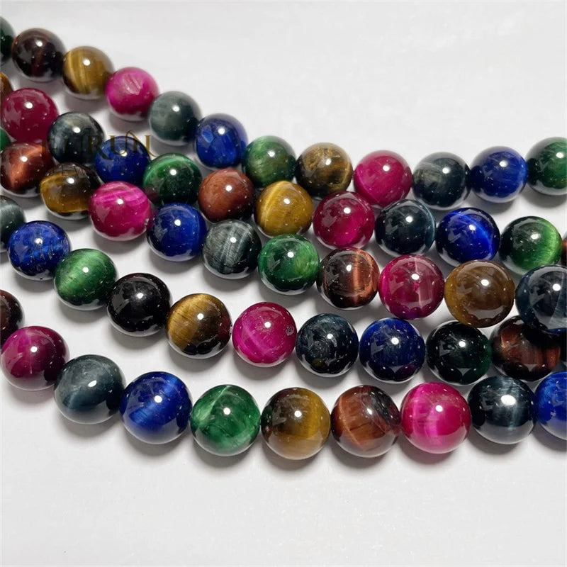 Natural Colorful Tiger Eye Smooth Round Beads 4mm 6mm 8mm 10mm 12mm Mixed Full Color Tiger Eye Healing GemstoneJewelry Making