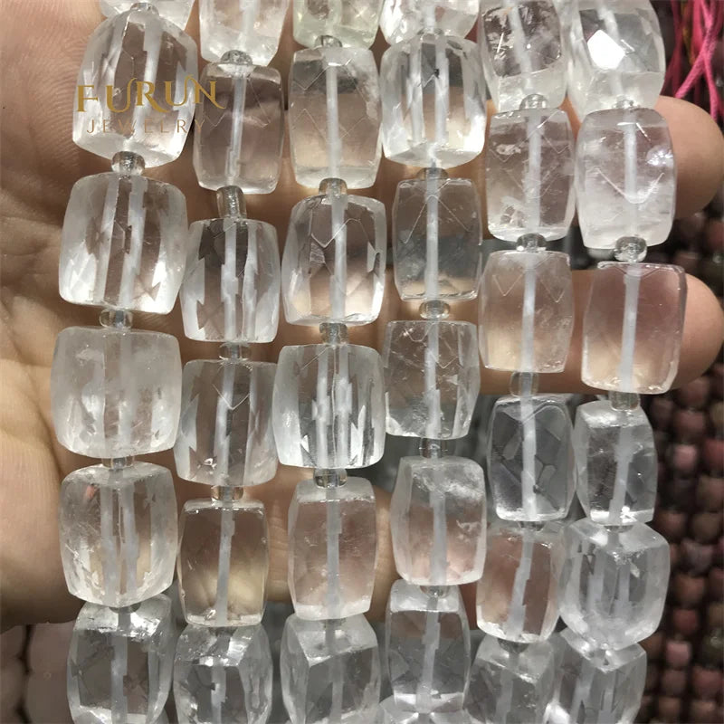 White Crystal  Faceted Rectangle Cylinder Drum Barrel 12x16mm Gemstone Loose Beads for Jewelry Making