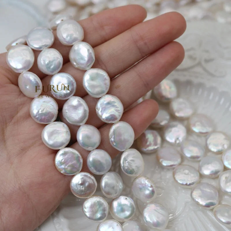 Natural Freshwater Cultured Pearls White Flat Round Coin Beads 12MM Baroque Pearls high quality strong light pearls Necklace