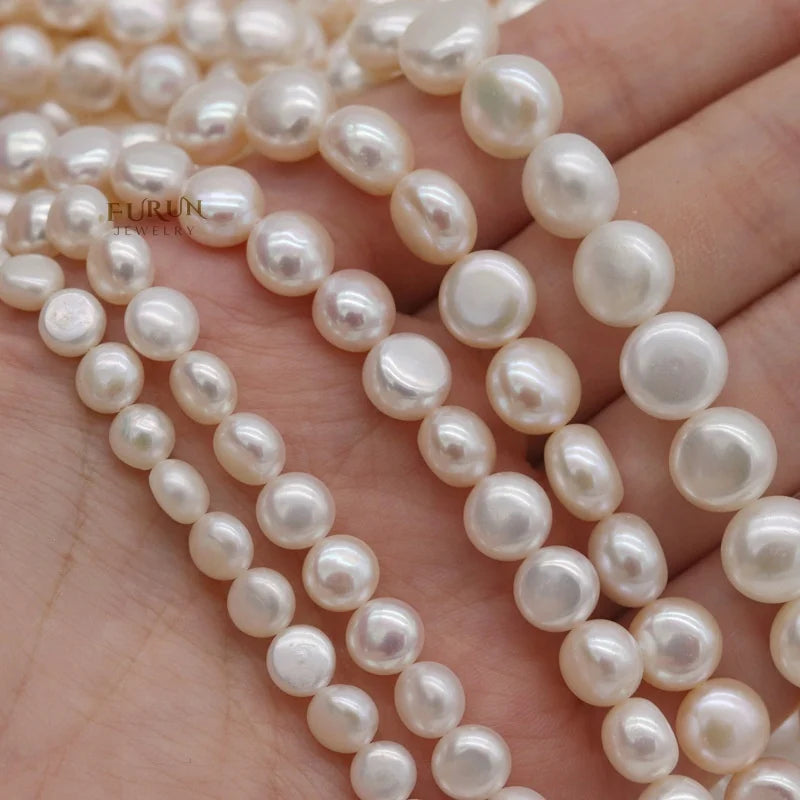 6-10mm Round Bread Pearl Bead Good luster White Freshwater Pearl flat round Strand Beads side drilled for jewelry making