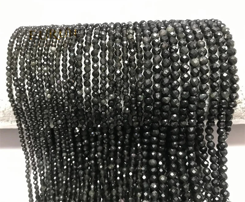 Natural Black Obsidian Stone Tiny Beads Glitters Small Faceted Beads Drilled Ball Healing Semi Gemstone Spacer Bead for jewelry