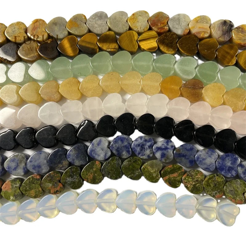 Natural Gemstone Flat Heart String Beads 10mm  Agate Quartz Jade Quartz Tiger Eye Unakite Stone Loose Beads For Jewelry Making