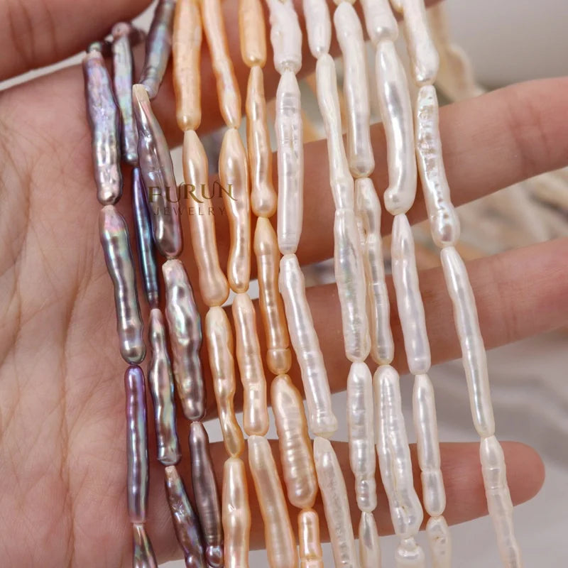 Natural Freshwater Cultured Pearls White Long Thin Stick Beads 4x25mmm Irregular Nugget Baroque Biwa Pearls strong light pearls