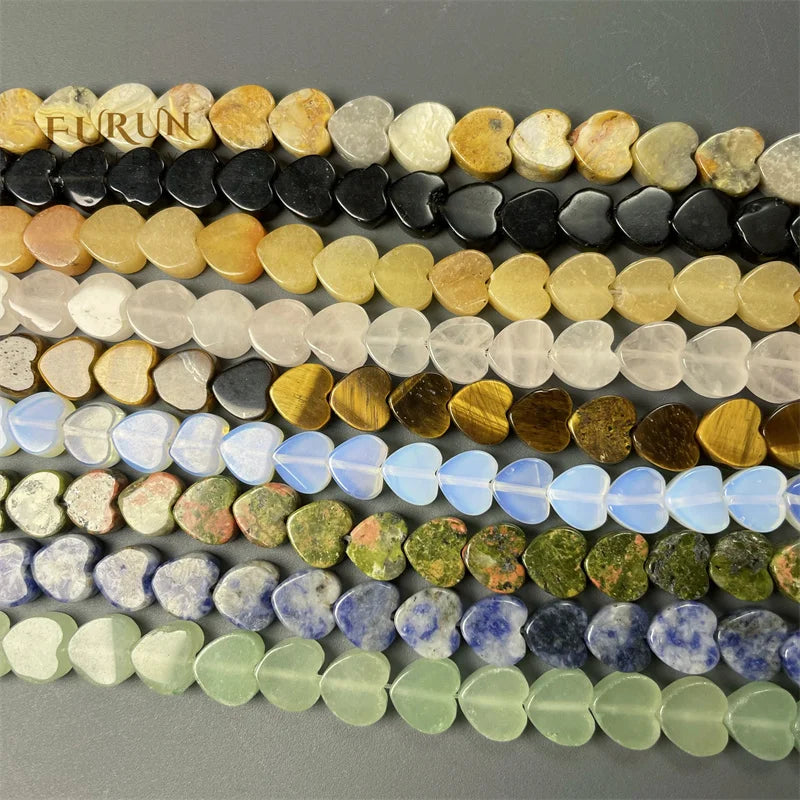 Natural Gemstone Flat Heart String Beads 10mm  Agate Quartz Jade Quartz Tiger Eye Unakite Stone Loose Beads For Jewelry Making