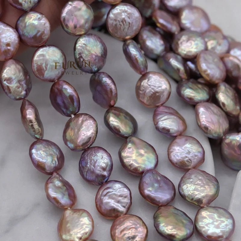 Purple Freshwater Baroque Pearl 12MM Flat Coin Round Disc Button Beads Drilled Loose Beads dazzling purple luster Special pearl