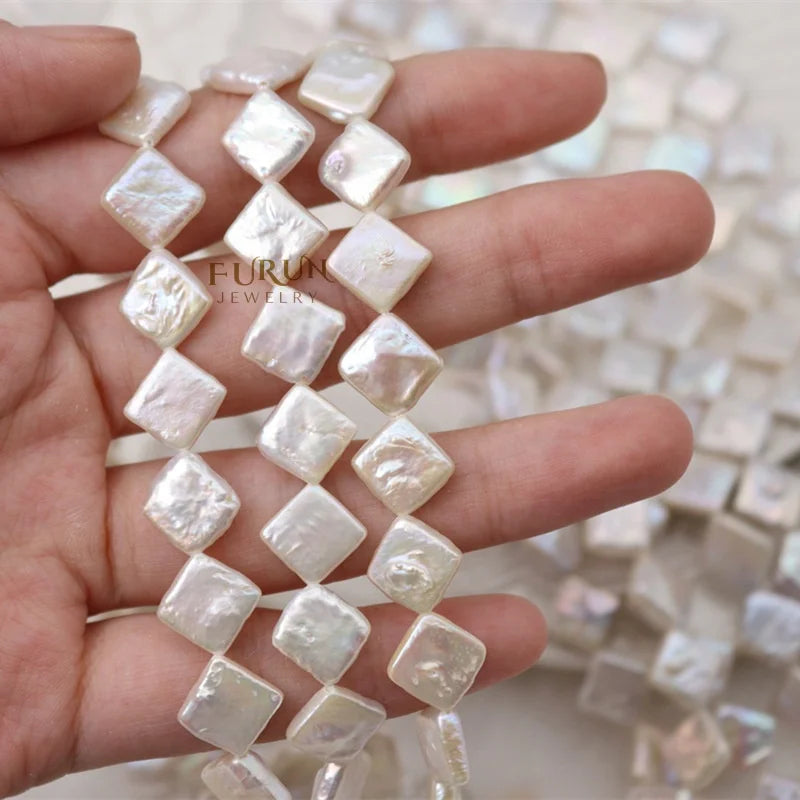 Freshwater Pearl White Flat Rhombus Bead 11mm to 12mm Baroque Style Drilled Square  Pearls Loose Beads for Jewelry Making