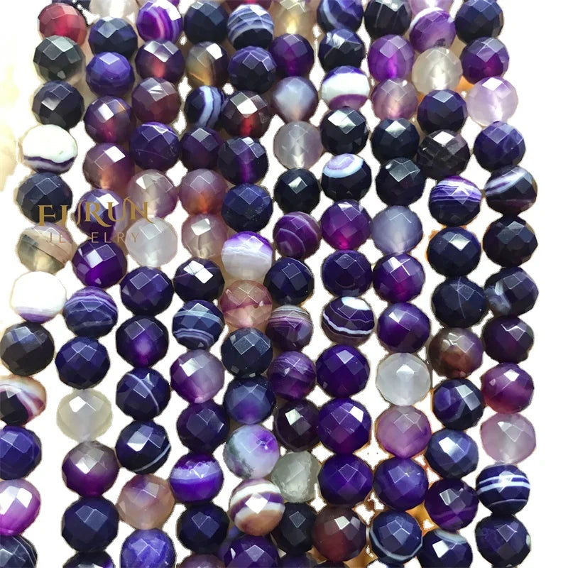 Natural purple stripe agate Faceted Round Gemstone Beads 6MM 8MM  Loose Beads for Jewelry making Beads Supplier