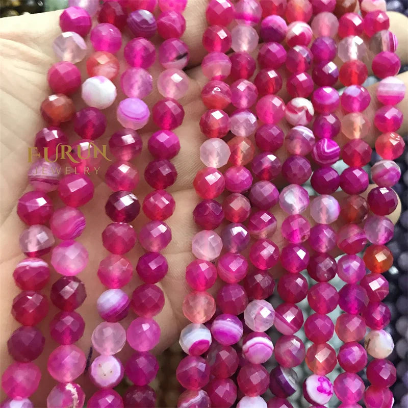 Natural pink agate Faceted Round Beads 6MM 8MM Gemstone  Loose Beads for Jewelry making Beads Supplier