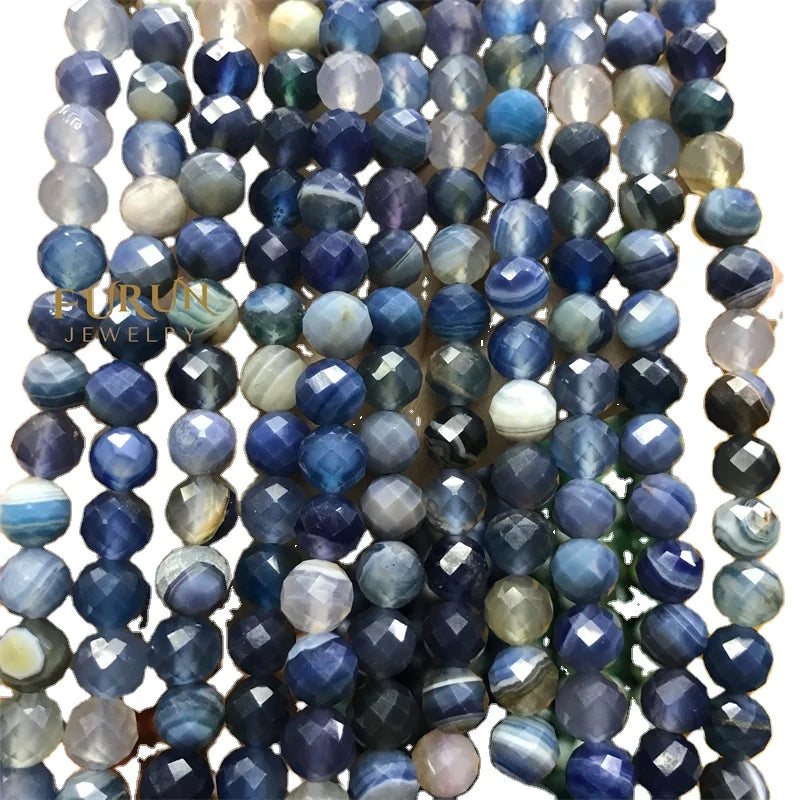 Natural blue stripe agate Faceted Round Beads 6MM 8MM Gemstone  Loose Beads for Jewelry making Beads Supplier