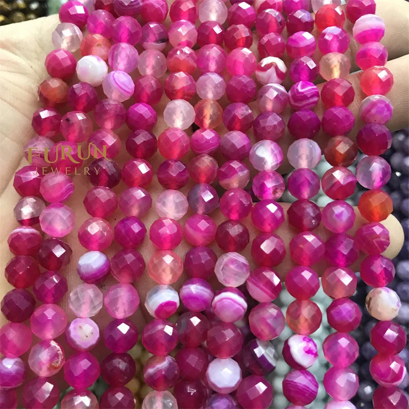 Natural pink agate Faceted Round Beads 6MM 8MM Gemstone  Loose Beads for Jewelry making Beads Supplier